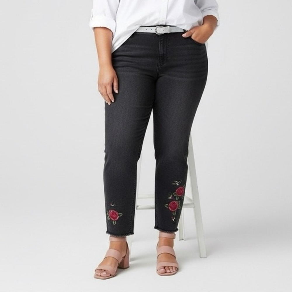 True Craft Jeans Womens 20 Washed Black Floral Embroidered Skinny Frayed Hem